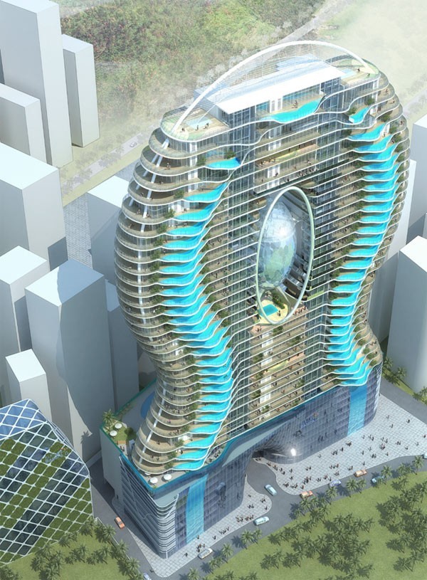 تصميم برج سكنى مدهش مزين بأحواض سباحة زجاجية تصميم برج سكنى مدهش مزين بأحواض سباحة زجاجية