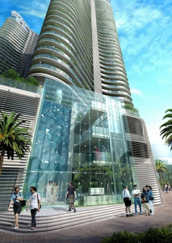 تصميم برج سكنى مدهش مزين بأحواض سباحة زجاجية تصميم برج سكنى مدهش مزين بأحواض سباحة زجاجية